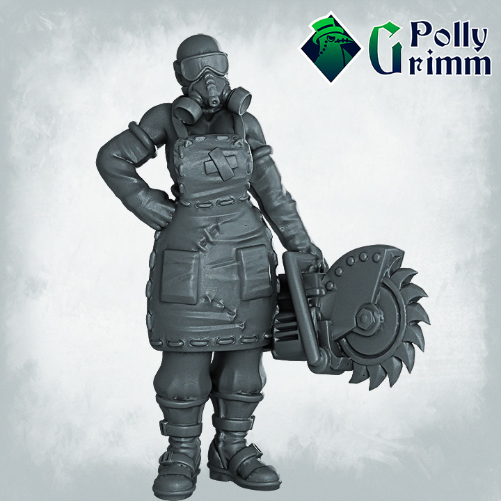 Neon Shadows, cyberpunk set. Criminal cleaner with big saw